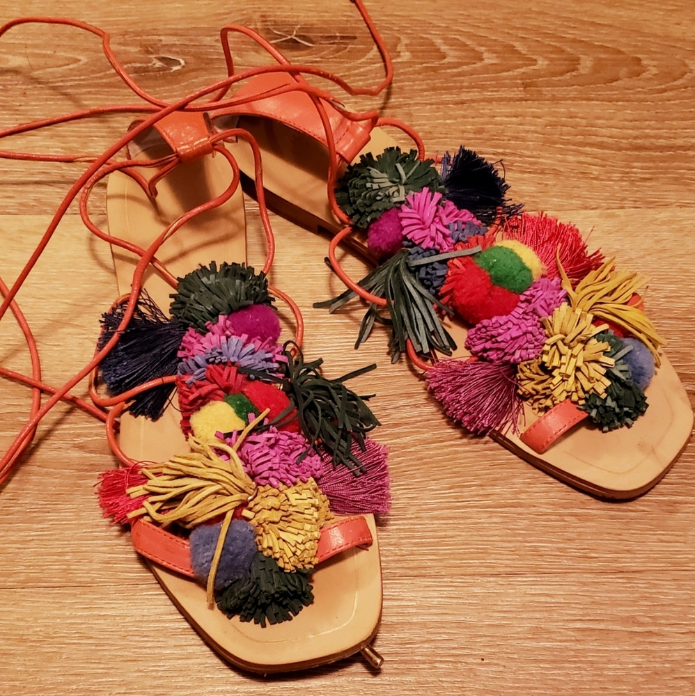 ZARA Colorful Pom Pom Sandals SZ 8.5 (39 European)